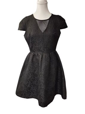 MM Couture Black Textured V-Neck Mini Dress with Sheer Inset